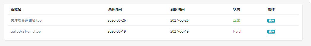 tname.net 后台域名管理面板 - ciallo0721-cmd.top 显示 Hold